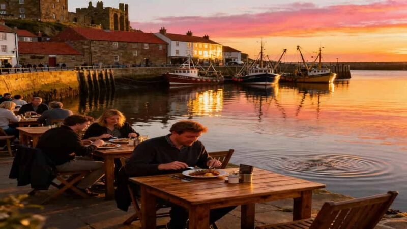 Whitby's Essential Seafood Scene: People dining at wooden tables on the harbourside in Whitby, with fishing boats and a pink and orange sunset reflecting in the water.