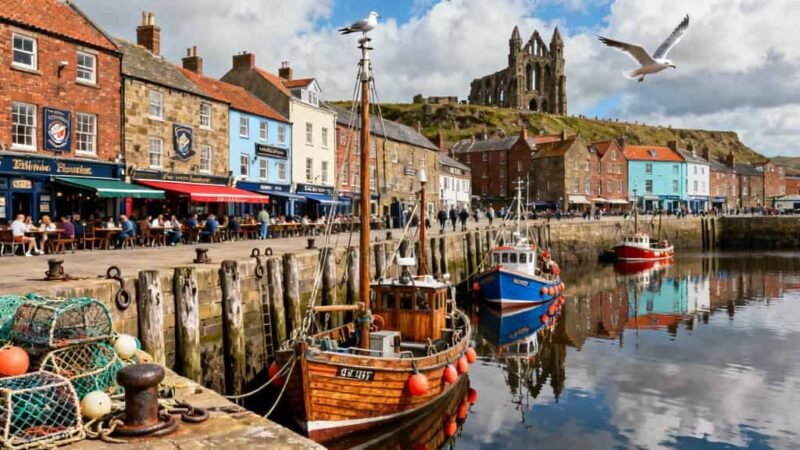 Beyond Fish and Chips: Fishing boats moored in Whitby harbour with colourful quayside buildings and the Abbey ruins on the hill.